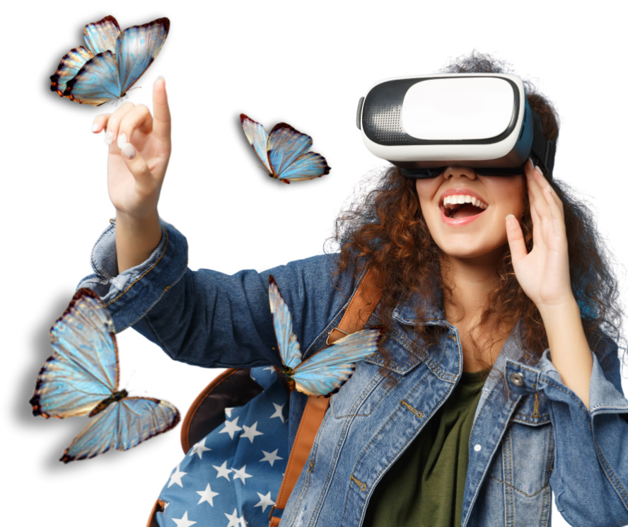 Chica con casco de realidad virtual y mariposas volando
