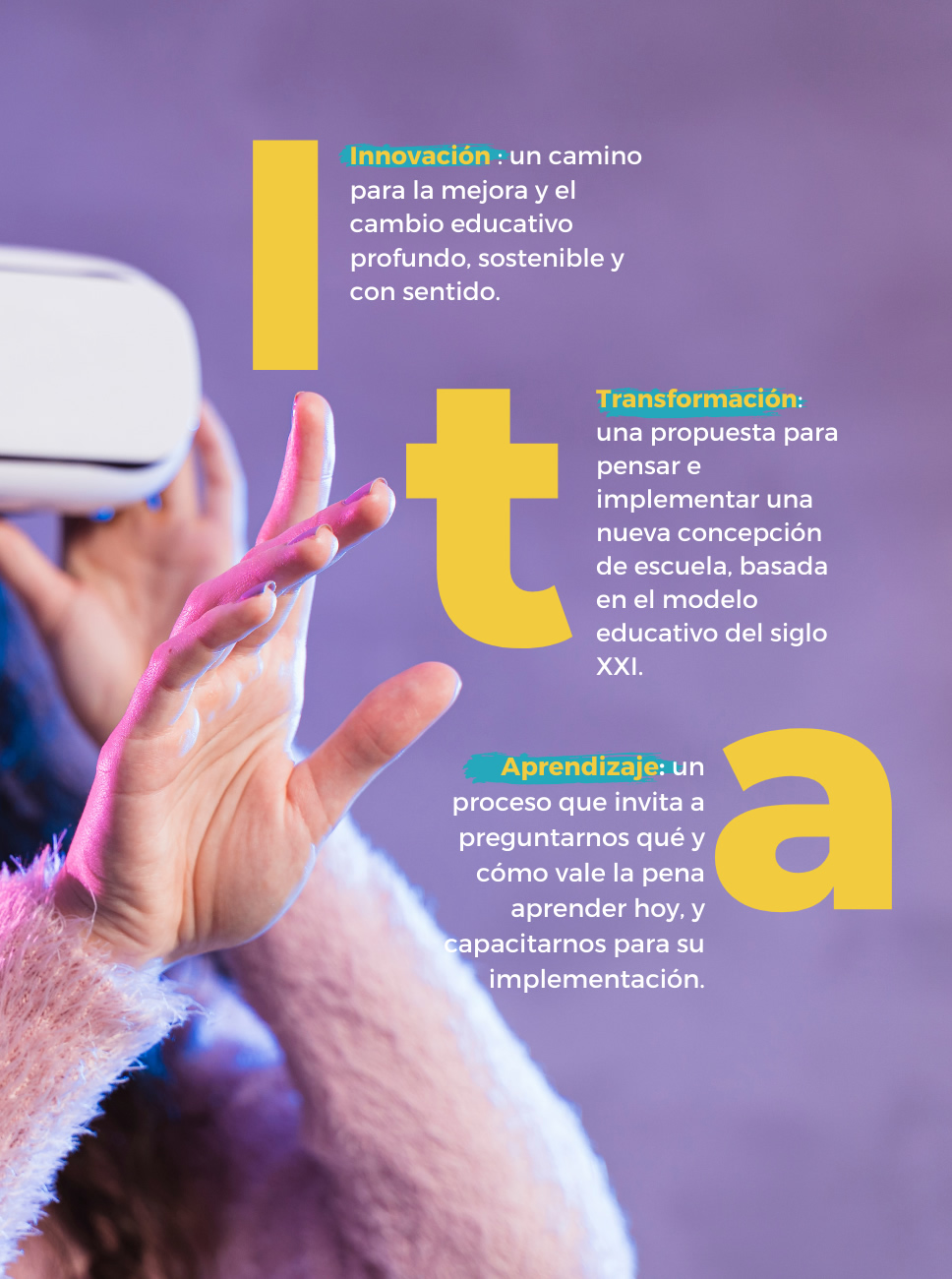 Imagen con conceptos de ITA y se visualiza una Chica con casco de Realidad Virtual