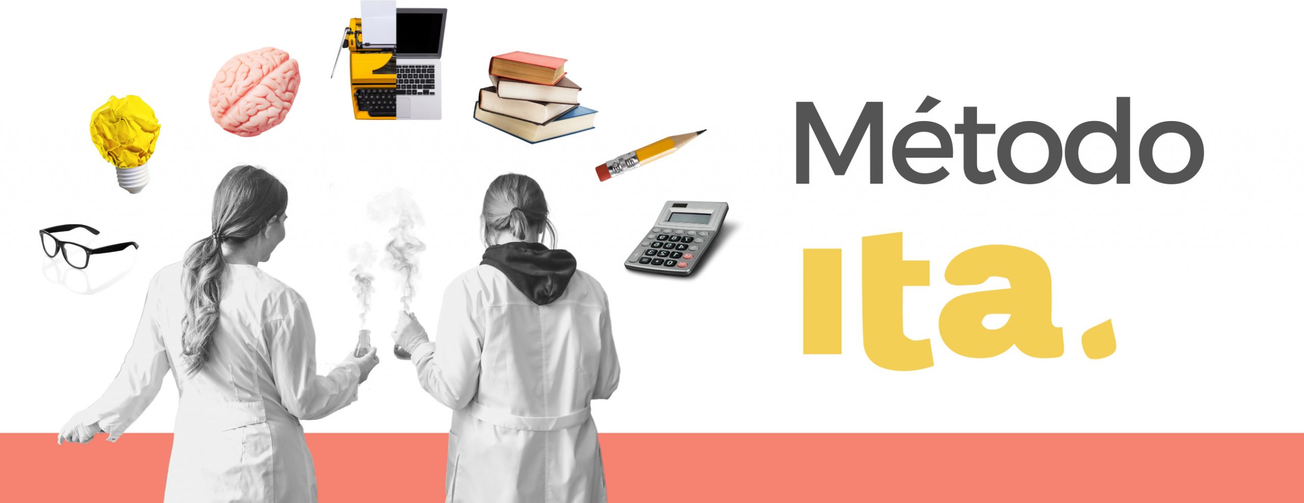 Imagen de portada de sección "Método Ita" - Se visualizan dos chicas mirando hacia figuras de útiles escolares, calculadora, libros y computadora